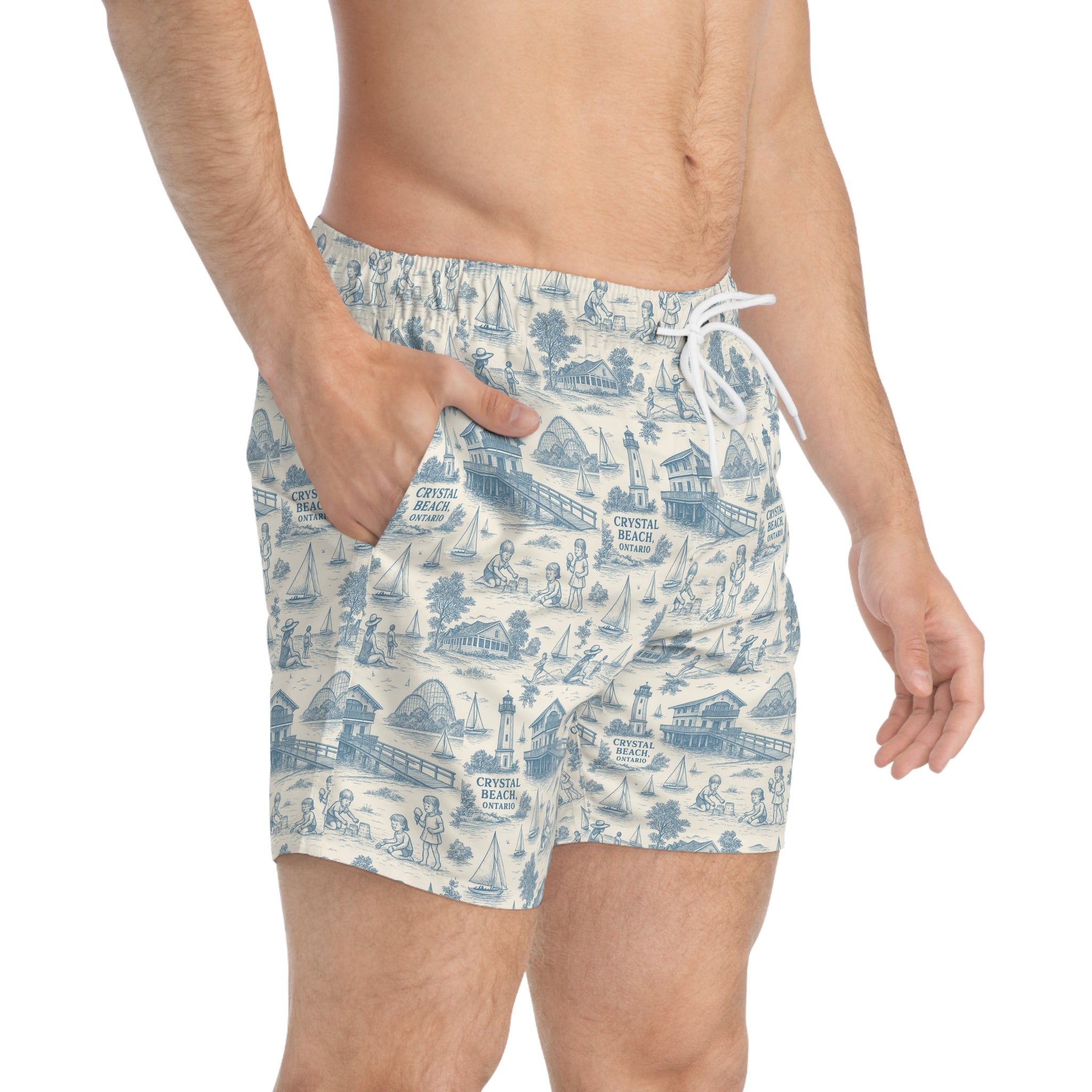 Crystal Beach Swim Trunks, AOP Swimsuits for Men, Summer Vacation Shorts, Beachwear, Pool Party Attire
