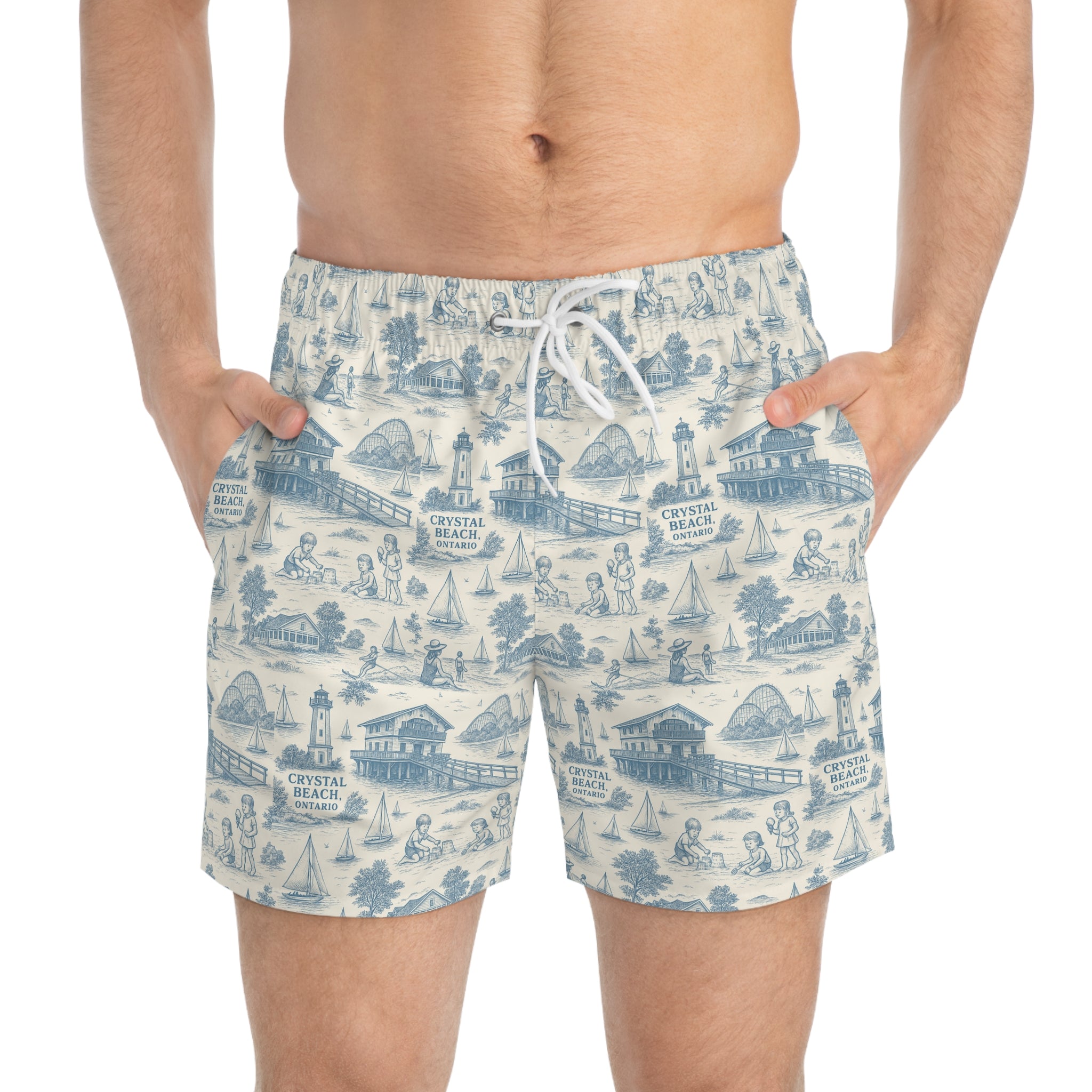 Crystal Beach Swim Trunks, AOP Swimsuits for Men, Summer Vacation Shorts, Beachwear, Pool Party Attire